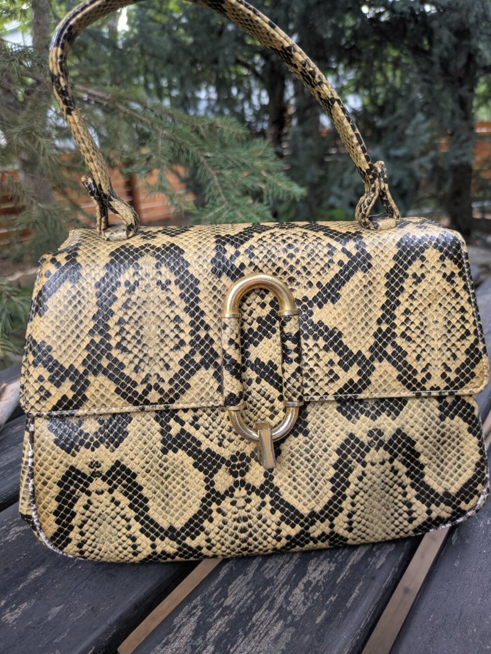 VTG 1960s Manon Genuine Snakeskin Handbag-Yellow & Black Python Print Saddle